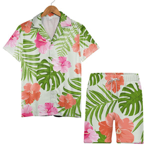 Pale Mint Green Hibiscus Monstera Hawaiian Shirt with Fern and Palm Fronds