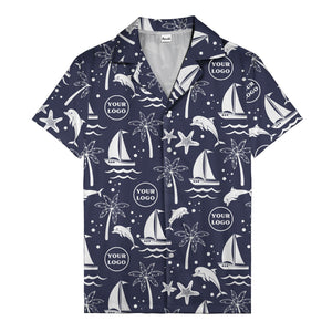 sailboats dolphins palm trees starfish repeat pattern black white hawaiian shirt