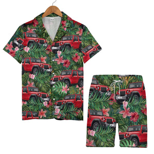 Vintage Tropical Jeeps Hibiscus Leaves Green Aloha Button Down Shirt Hawaiian Shirt