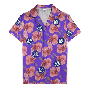 watercolor pink hibiscus & blue logo repeat aloha hawaiian shirt