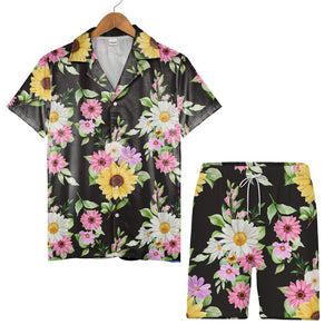 Watercolor Sunflower and Daisy Hawaiian Shirt with Lavender Accents on Black