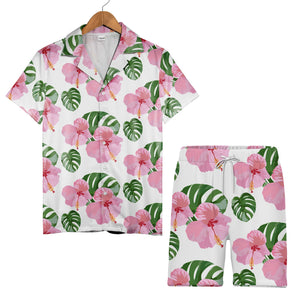 White Elegant Pink Rose Hibiscus Hawaiian Shirt with Fresh Monstera Leaves