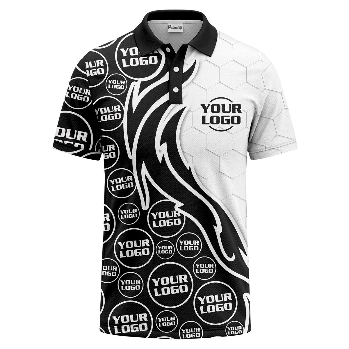 Custom Tribal Graphic, Hexagon Grid & Logo Pattern Short Sleeve Polo Shirt - Personalized Athletic Golf Polo