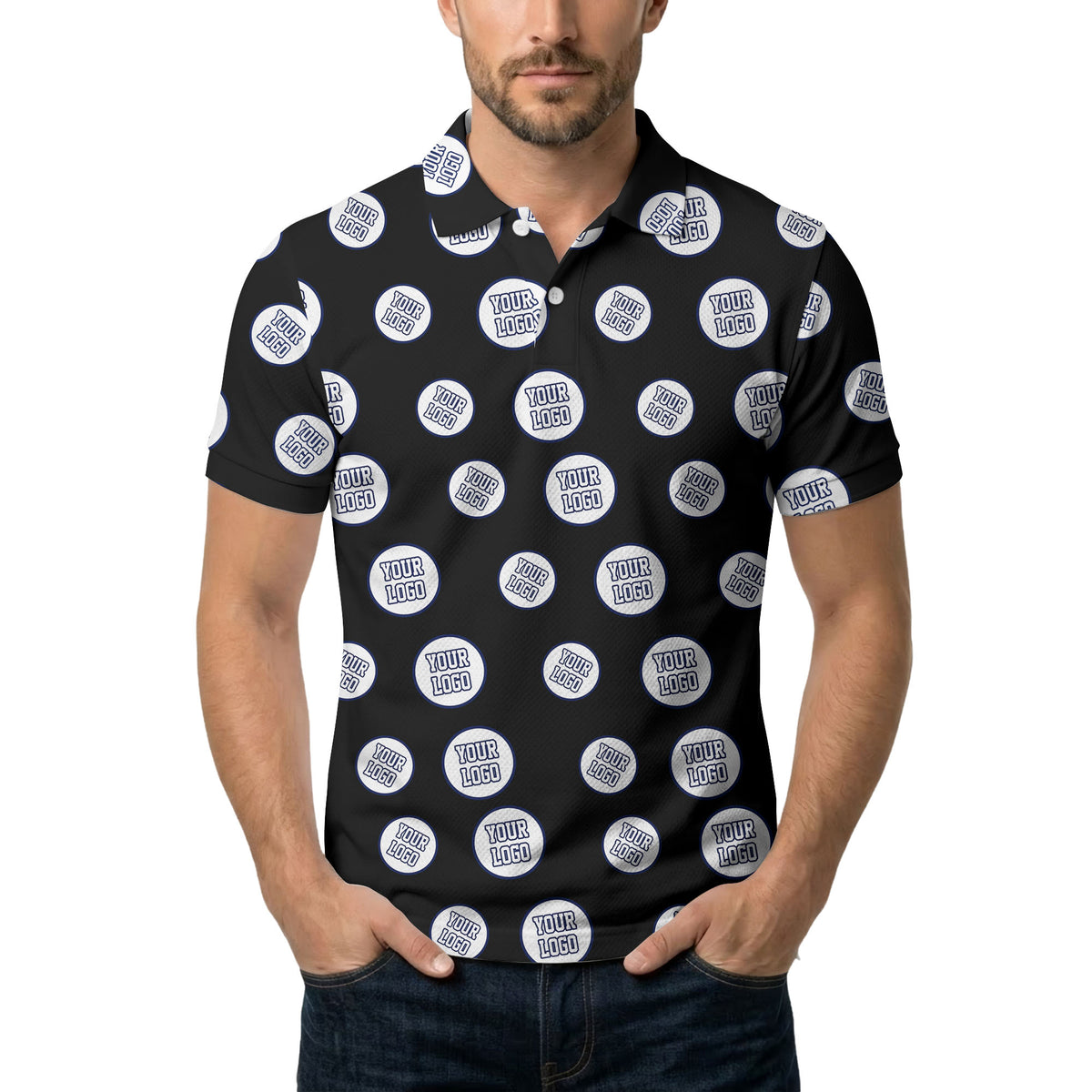 custom color logo polo shirt | repeating text pattern for corporate wear