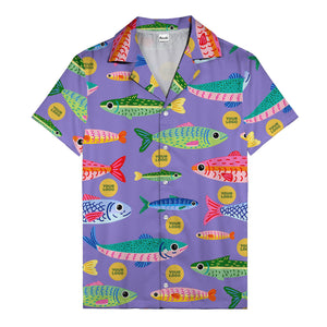 colorful cartoon fish & gold circle logo hawaiian shirt for men