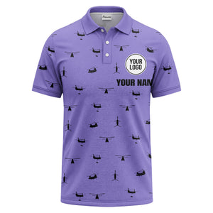 helicopter silhouette repeat pattern custom logo men's aviation polo shirt