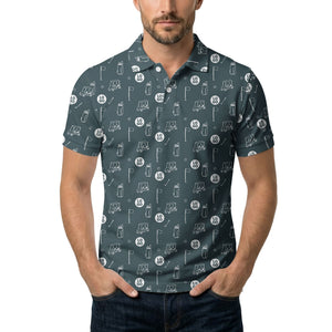 illustrated golf carts & clubs repeating on dark gray hawaiian polo shirt for men