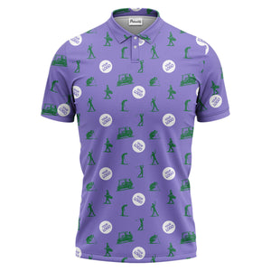illustrated golfers golf carts repeating on green polo shirt for weekend fairway fun