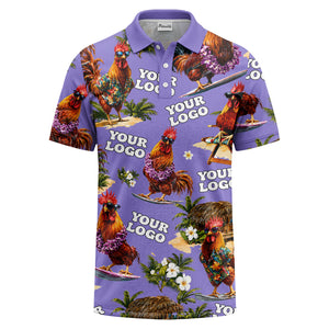 surfing roosters surfboards lei palm trees photorealistic polo shirt