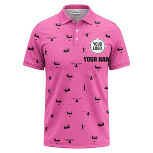 helicopter silhouette repeat pattern custom logo men's aviation polo shirt