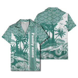 cruise ship & palm trees fish waves aloha hawaiian shirt