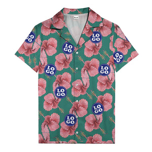 watercolor pink hibiscus & blue logo repeat aloha hawaiian shirt