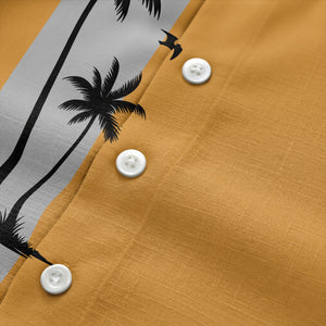 illustrated tropical island palm trees & birds yellow hawaiian shirt for men