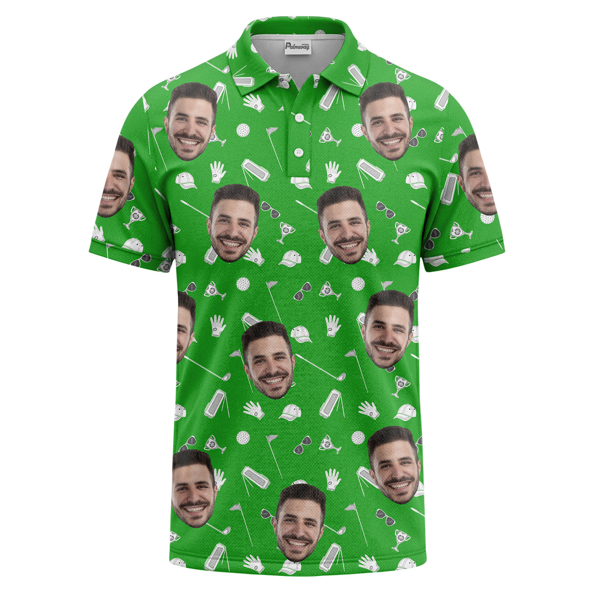 Custom Golf Icons & Face All-Over Print Short Sleeve Polo Shirt - Personalized Photo Athletic Golf Polo