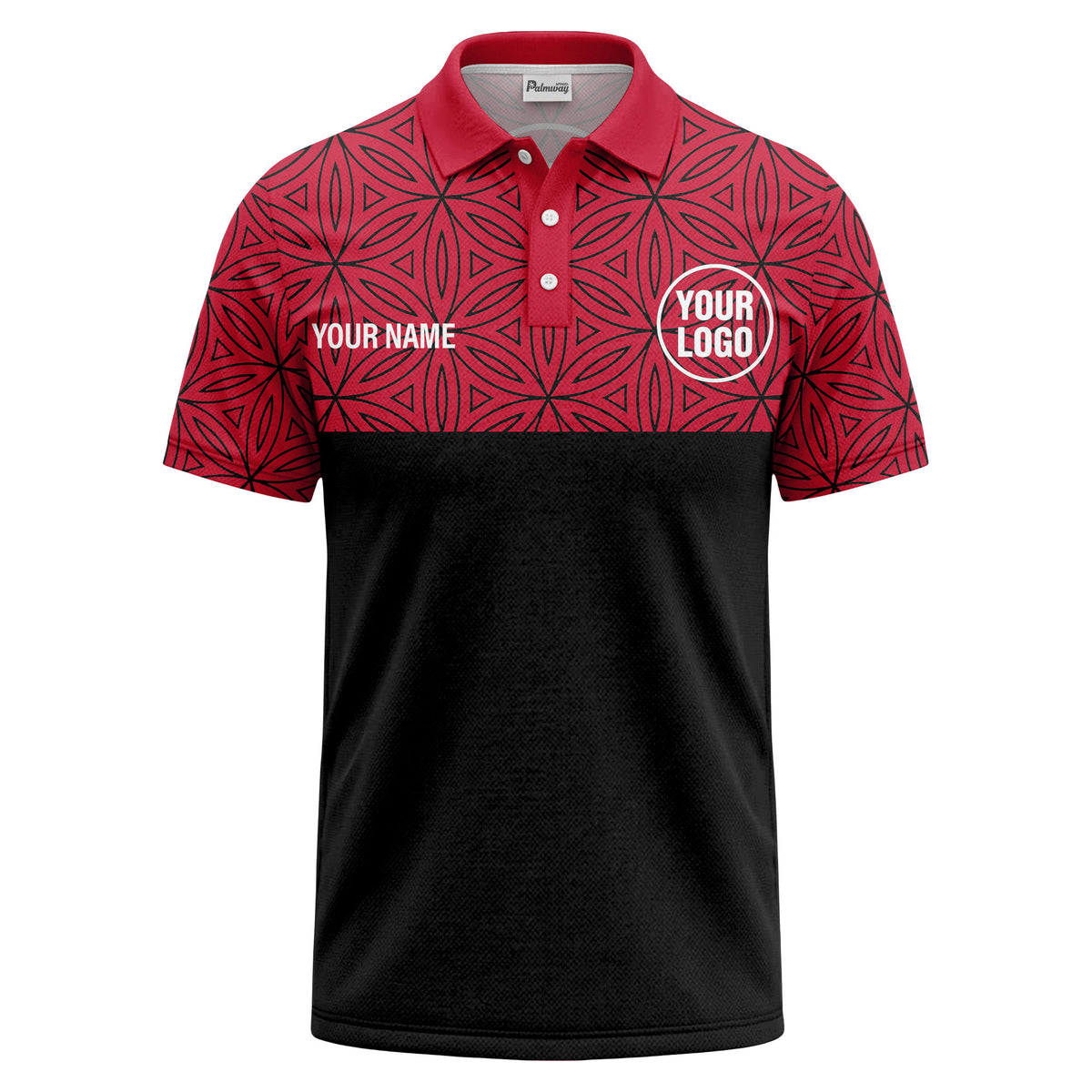 Custom Geometric Flower Pattern Chest Block Short Sleeve Polo Shirt - Personalized Name & Logo Restaurant & Cafe Uniform Polo