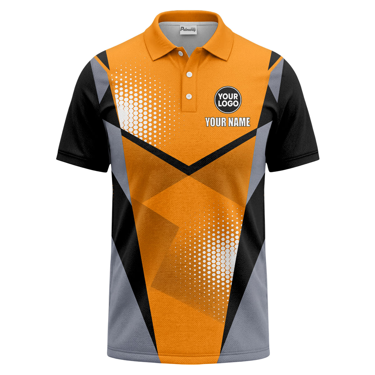 Custom Orange & Grey Geometric Halftone Dot Print Short Sleeve Polo Shirt - Personalized Name & Logo Athletic Golf Polo