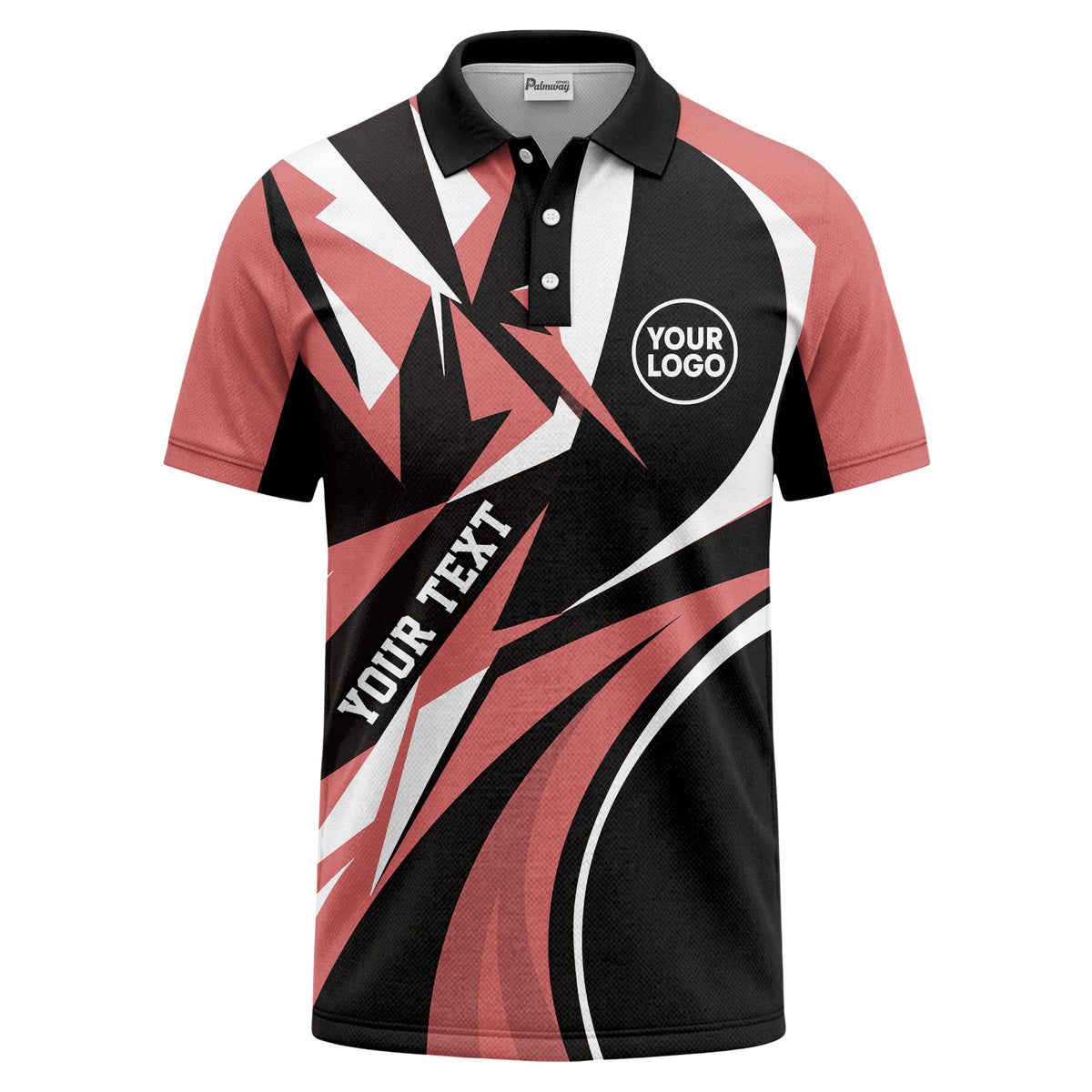 Custom Coral Red, Black & White Abstract Geometric Wave Print Short Sleeve Polo Shirt - Personalized Text & Logo Athletic Golf Polo