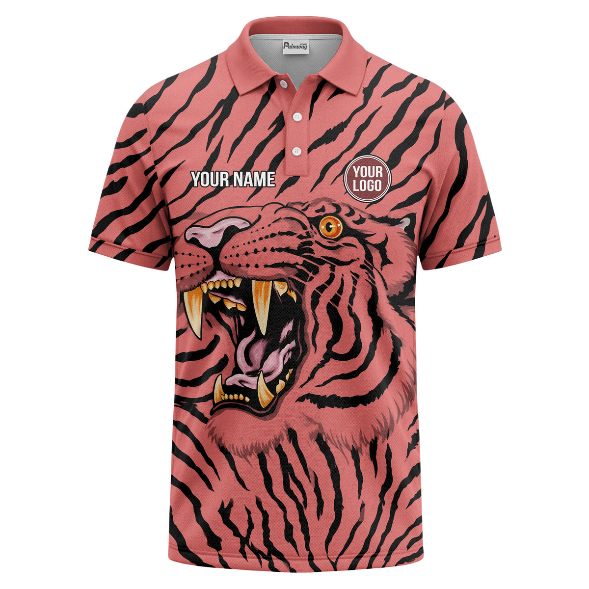 Custom Pink Tiger & Tiger Stripe Print Short Sleeve Polo Shirt - Personalized Name & Logo Graphic Golf Polo