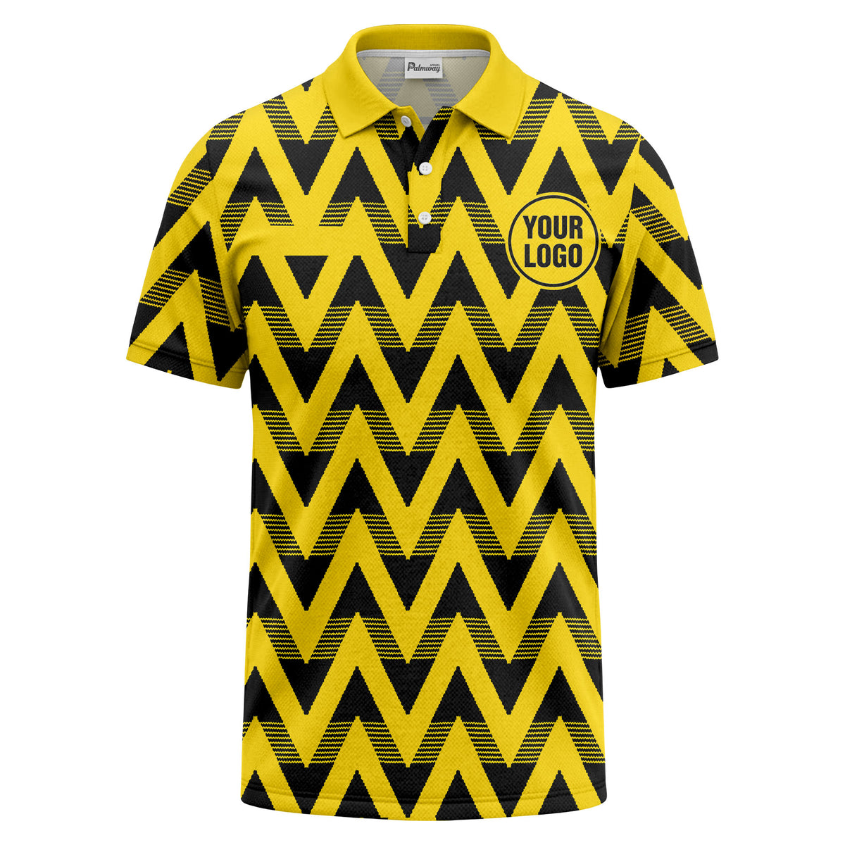 Custom Yellow & Black Zigzag Chevron Pattern Short Sleeve Polo Shirt - Personalized Logo & Text Athletic Golf Polo