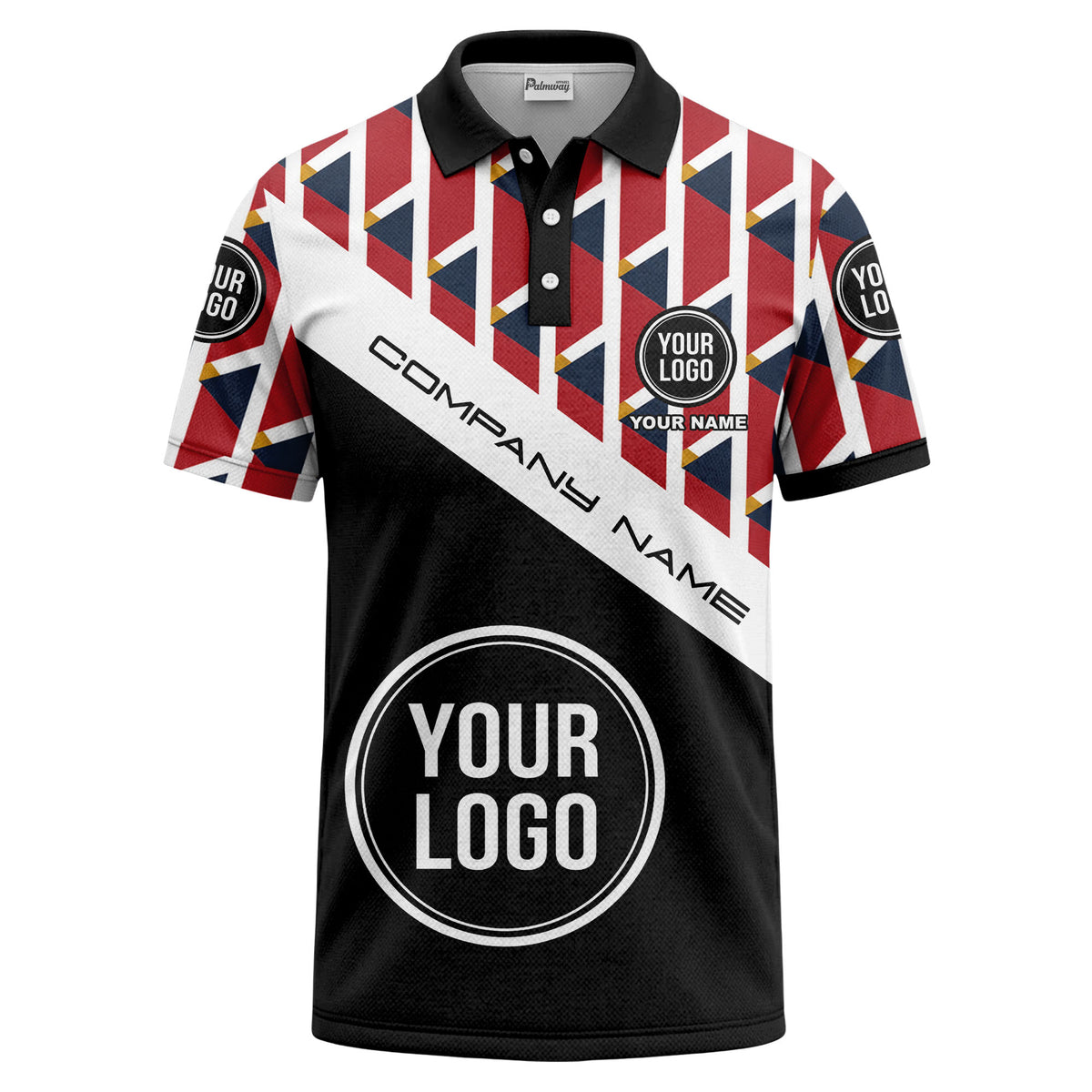 Custom Geometric Chevron Pattern & Diagonal Stripe Short Sleeve Polo Shirt - Personalized Name & Logo Uniform Polo