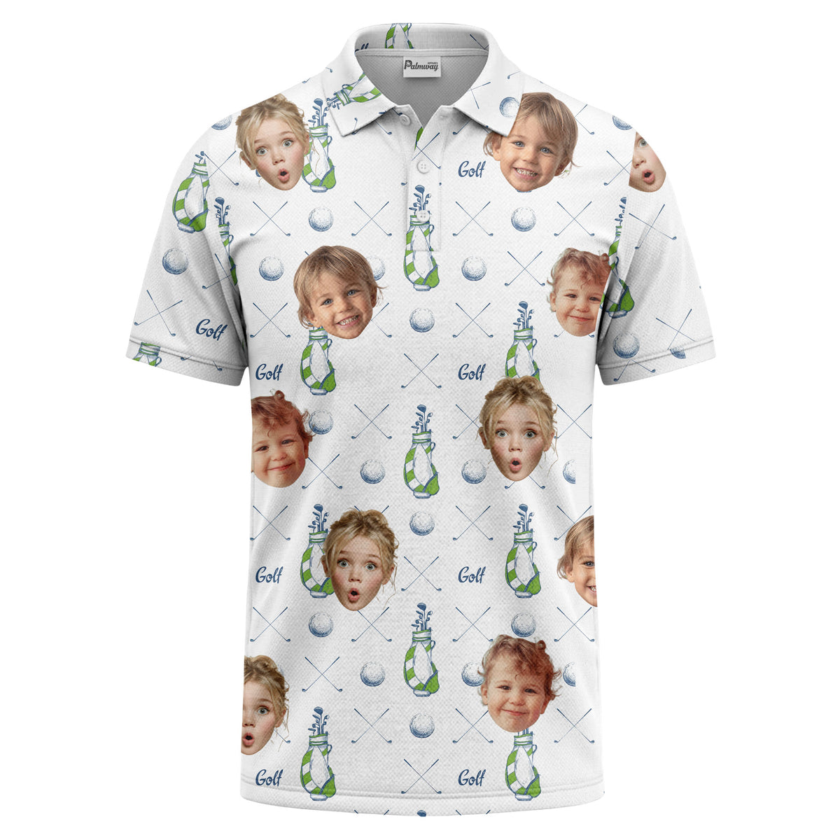 Custom Golf Icons & Kids Face All-Over Print Short Sleeve Polo Shirt - Personalized Photo Athletic Golf Polo