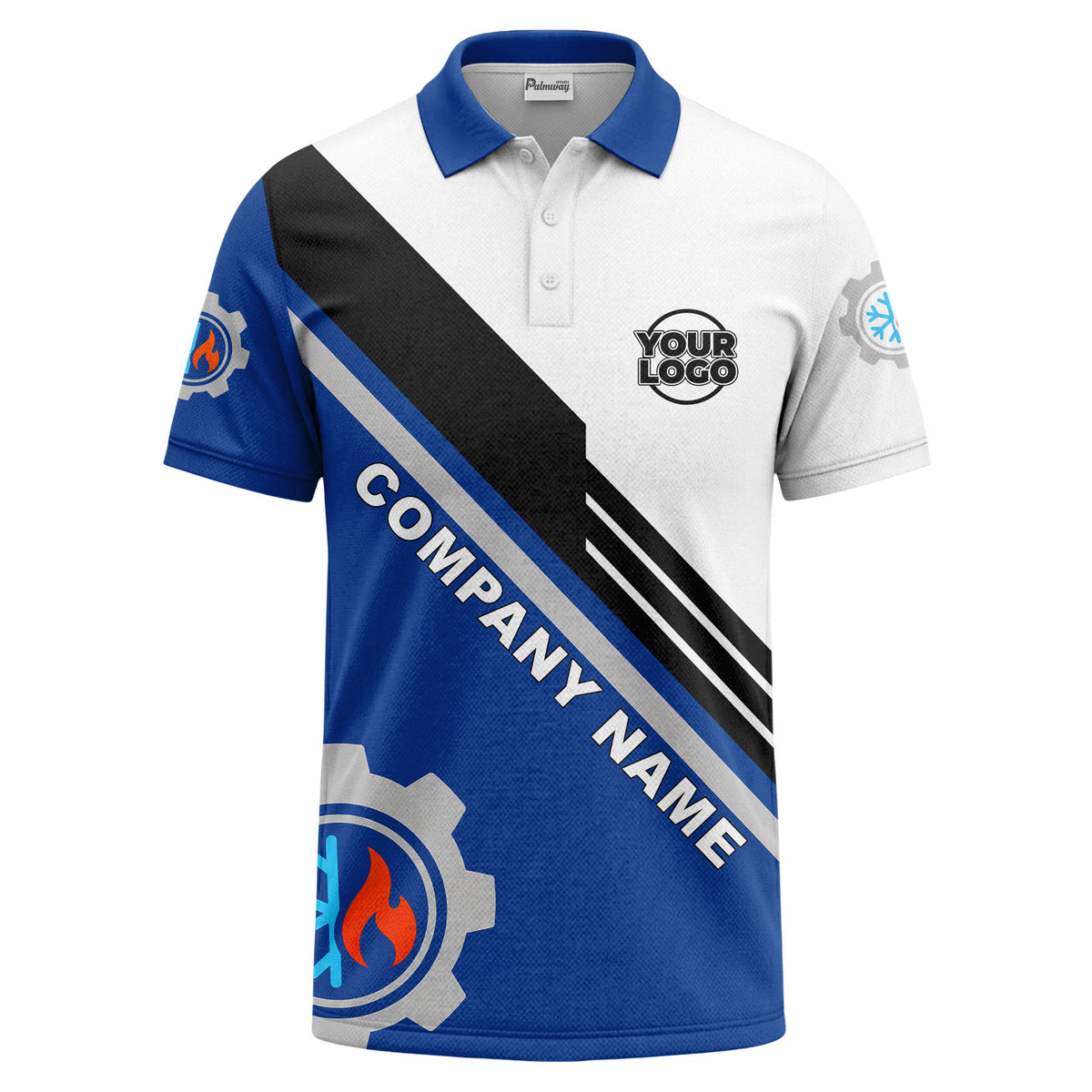 Custom Diagonal Stripe, Gear & HVAC Flame-Snowflake Graphic Short Sleeve Polo Shirt - Personalized Company Name & Logo HVAC Uniform Polo