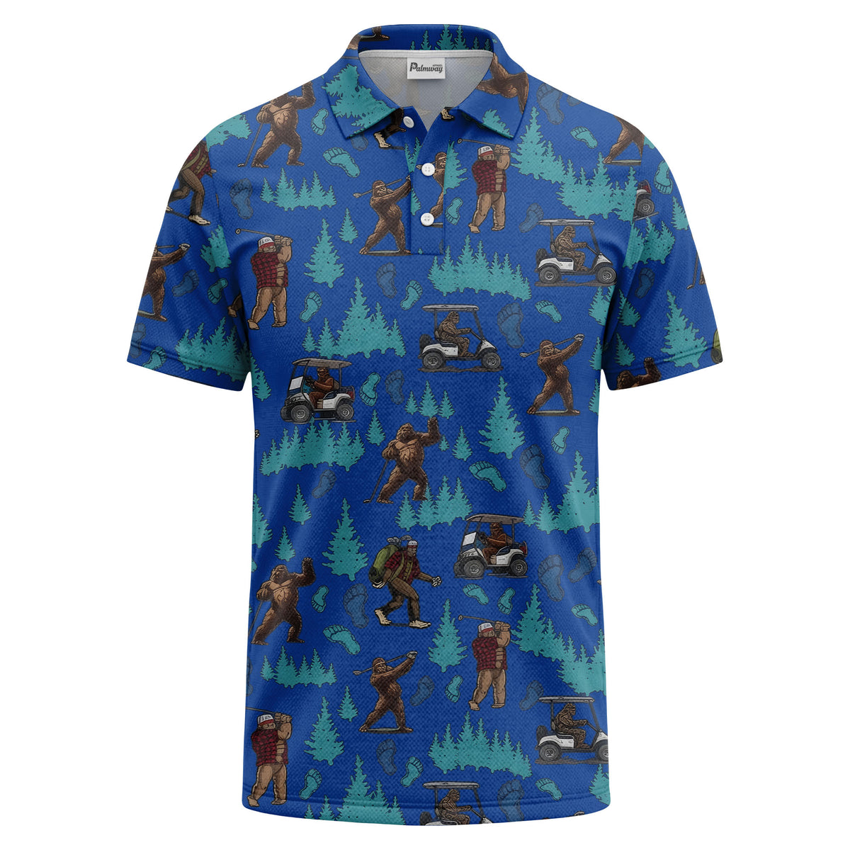 Custom Bigfoot Golfing & Pine Trees All-Over Print Short Sleeve Polo Shirt - Athletic Golf Polo