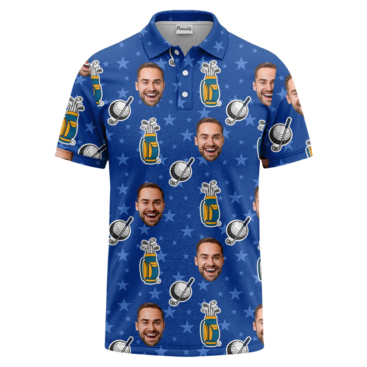 Custom Golf Equipment, Stars & Face All-Over Print Short Sleeve Polo Shirt - Personalized Photo Athletic Golf Polo