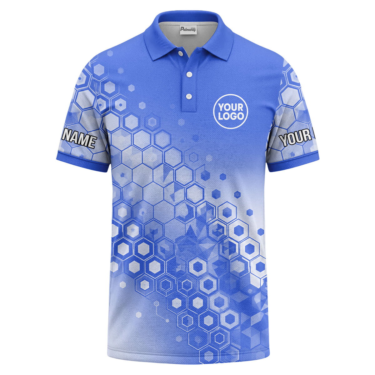 Custom Blue Hexagon Geometric Honeycomb Print Short Sleeve Polo Shirt - Personalized Name & Logo Athletic Golf Polo