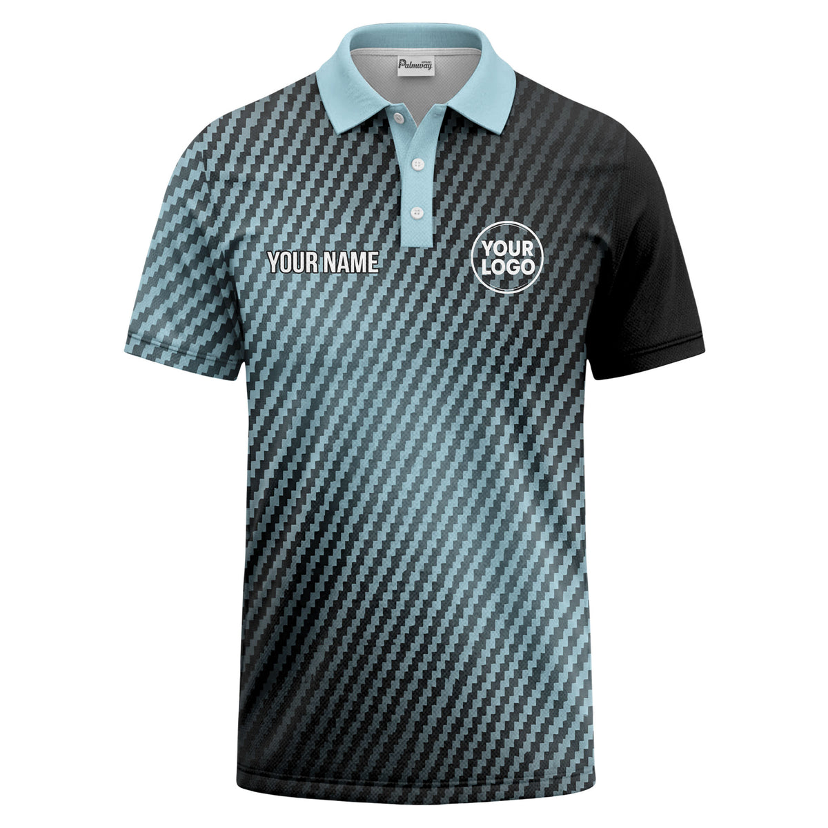 Custom Black & Light Blue Carbon Fiber Diagonal Stripe Print Short Sleeve Polo Shirt - Personalized Name & Logo Golf Polo