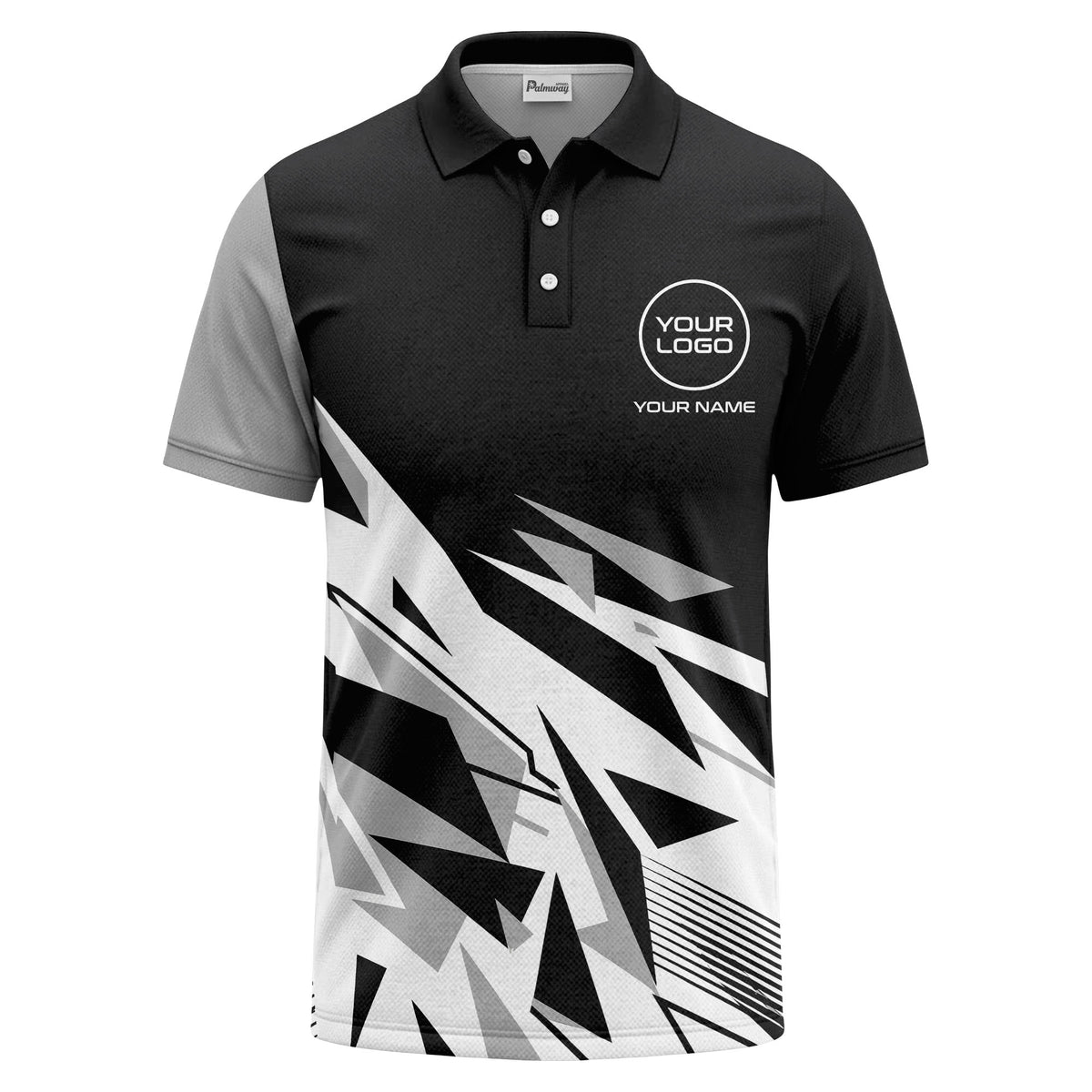 Custom Black, Grey & White Abstract Geometric Angular Fragment Print Short Sleeve Polo Shirt - Personalized Name & Logo Athletic Golf Polo