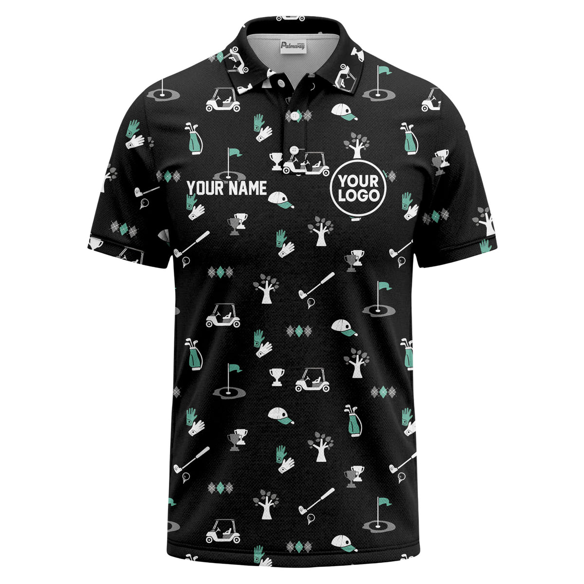 Custom Golf Icons Pattern All-Over Print Short Sleeve Polo Shirt - Personalized Name & Logo Athletic Golf Polo