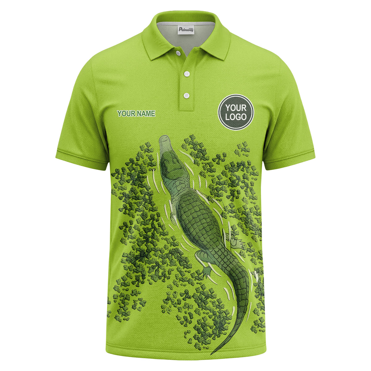 Custom Alligator & Algae Print Short Sleeve Polo Shirt - Personalized Name & Logo Green Golf Polo
