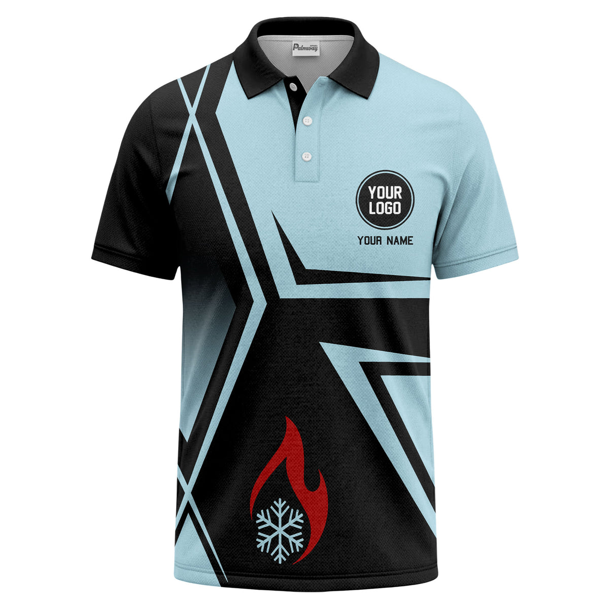 Custom Fire, Snowflake & Geometric Block Graphic Short Sleeve Polo Shirt - Personalized Name & Logo HVAC Uniform Polo