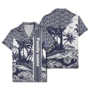 cruise ship & palm trees fish waves aloha hawaiian shirt