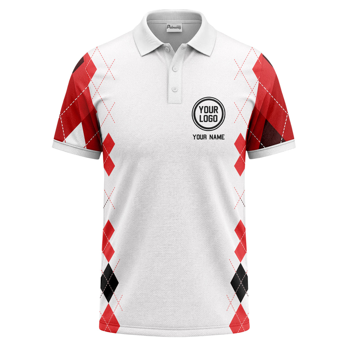 Custom Red & Black Argyle Diamond Side-Sleeve Print Short Sleeve Polo Shirt - Personalized Name & Logo Golf Polo