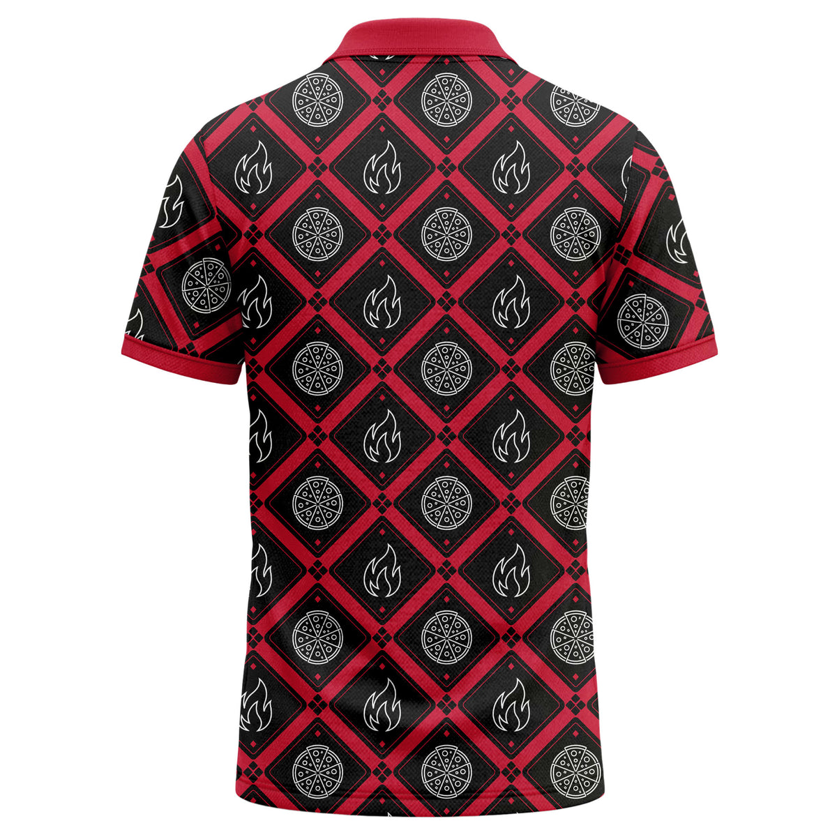 Custom Pizza Polo Shirt – Red & Black Flame Pizza Pattern Personalized Logo Polo