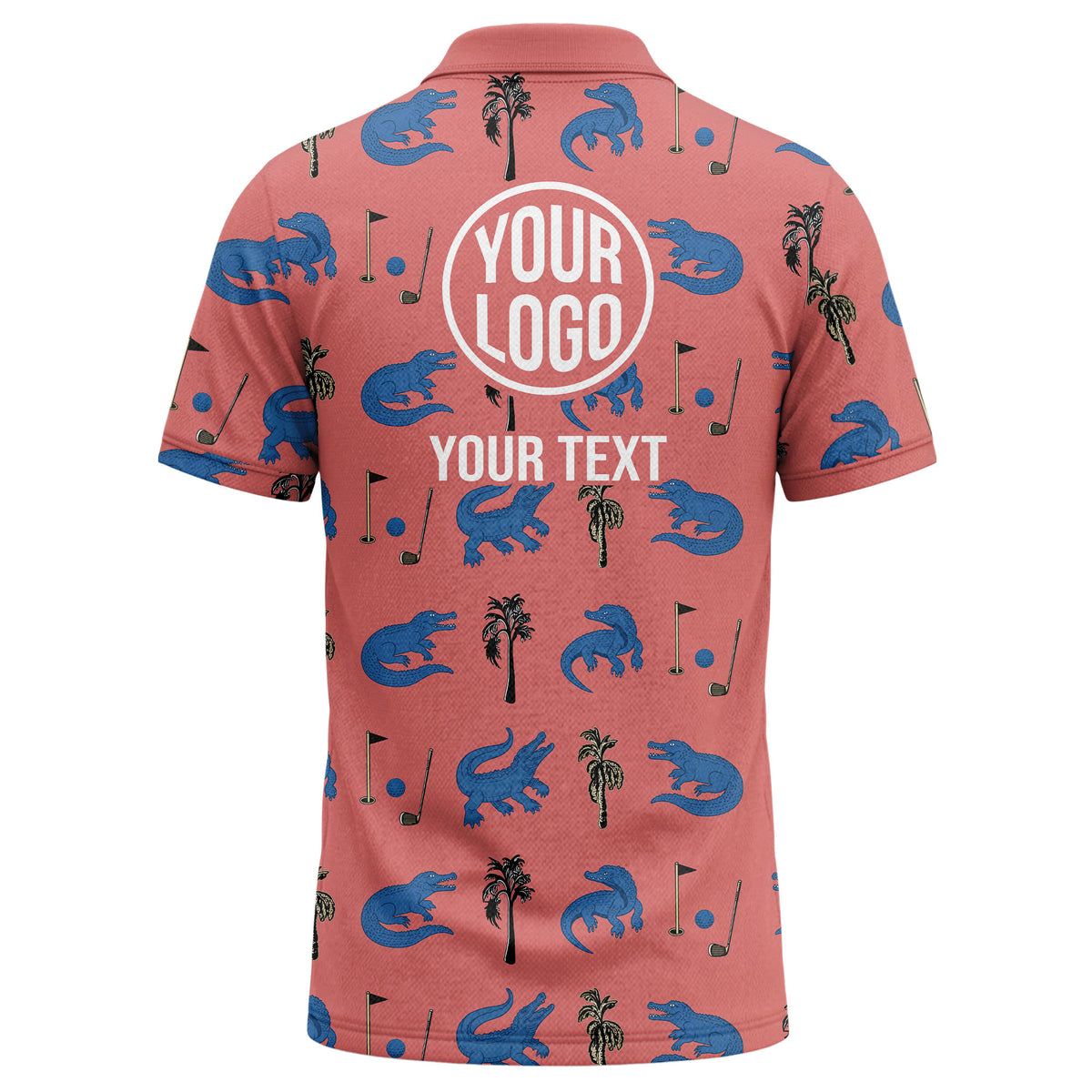 Custom Golf Polo Shirt – Blue Alligator & Palm Tree Print, Personalized Name & Logo