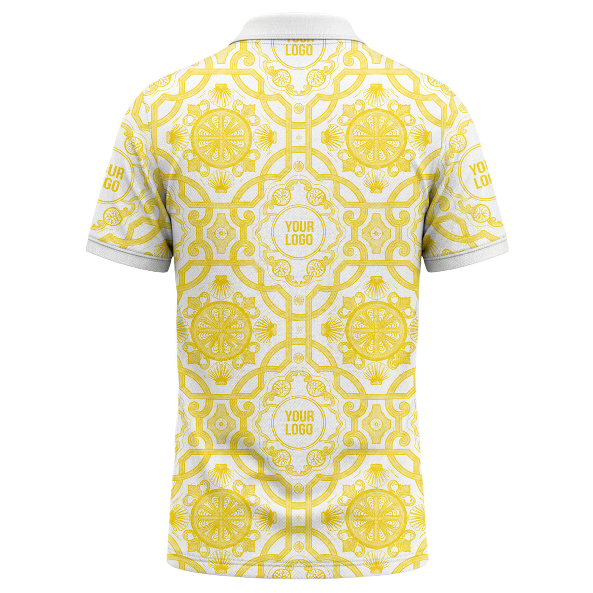 Custom Ornamental Polo Shirt – White & Gold Vintage Tile Pattern Personalized Logo Polo