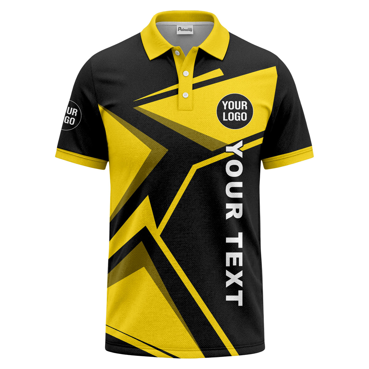 Custom Black & Yellow Geometric Polo Shirt – Personalized Logo and Text Team Uniform
