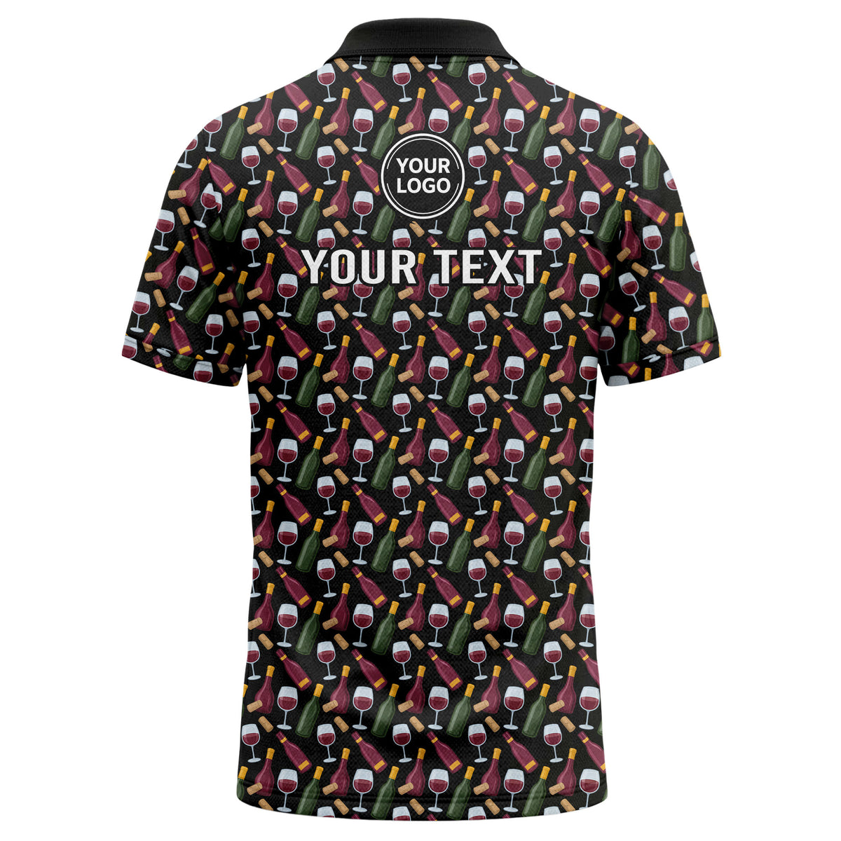 Custom Wine Bottle & Glass Pattern Polo Shirt – Personalized Logo Winery, Bar & Restaurant Uniform