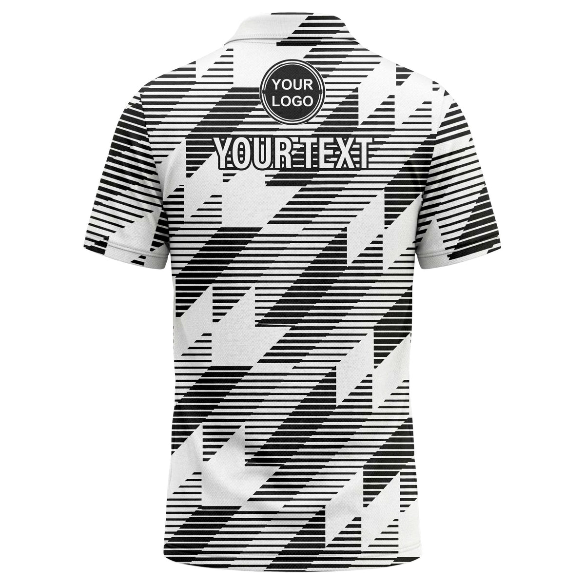Custom Black & White Striped Geometric Houndstooth Print Short Sleeve Polo Shirt - Personalized Name & Logo Golf Polo