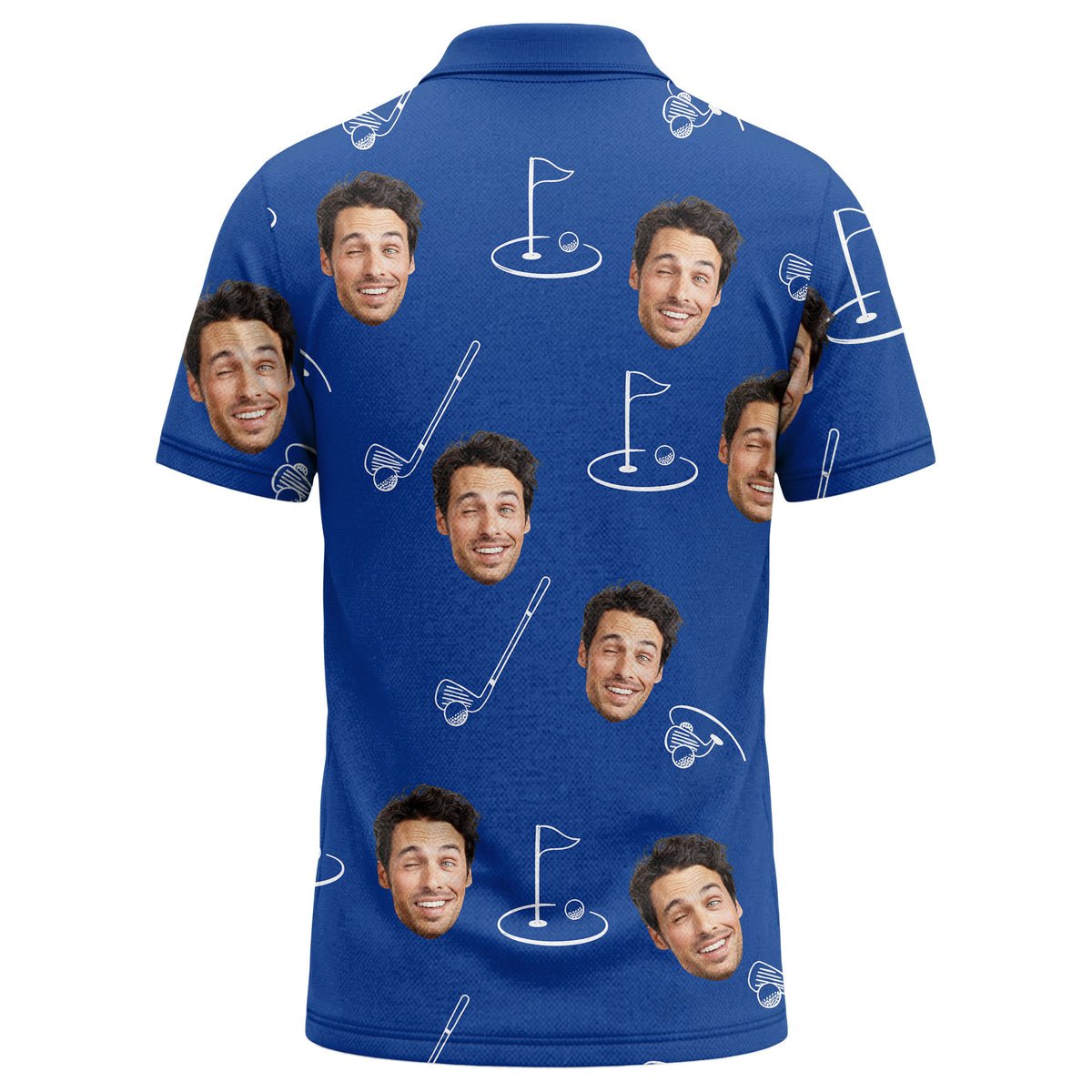 Custom Face Golf Polo Shirt – Royal Blue Personalized Photo & Golf Pattern Polo