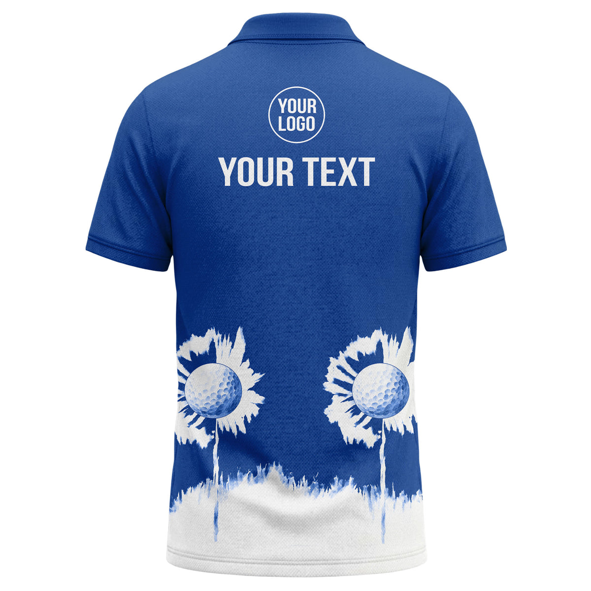 Custom Golf Polo Shirt – Royal Blue & White Golf Ball Splash Personalized Logo Polo