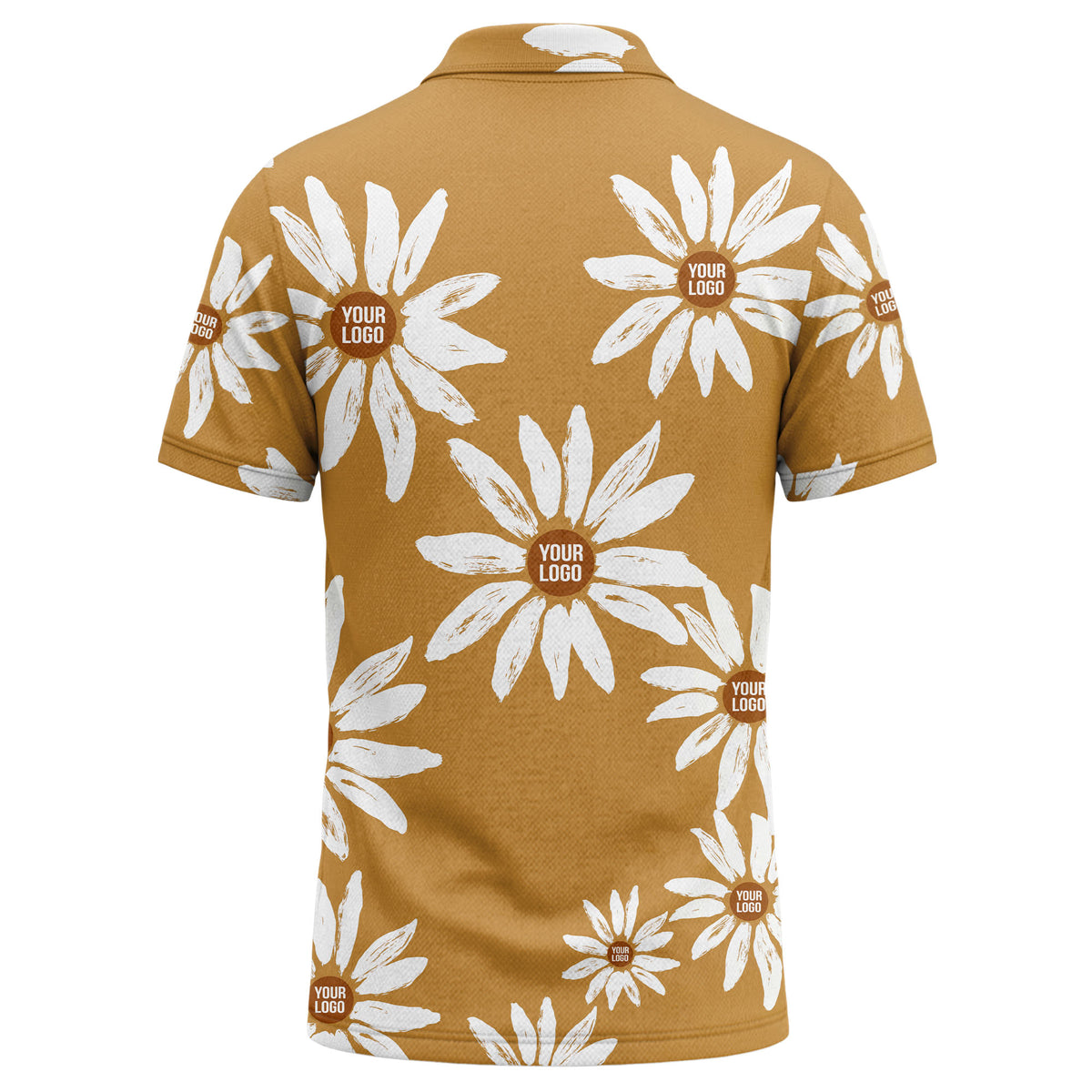 Custom Floral Polo Shirt – Mustard Gold & White Daisy Pattern Personalized Logo Polo