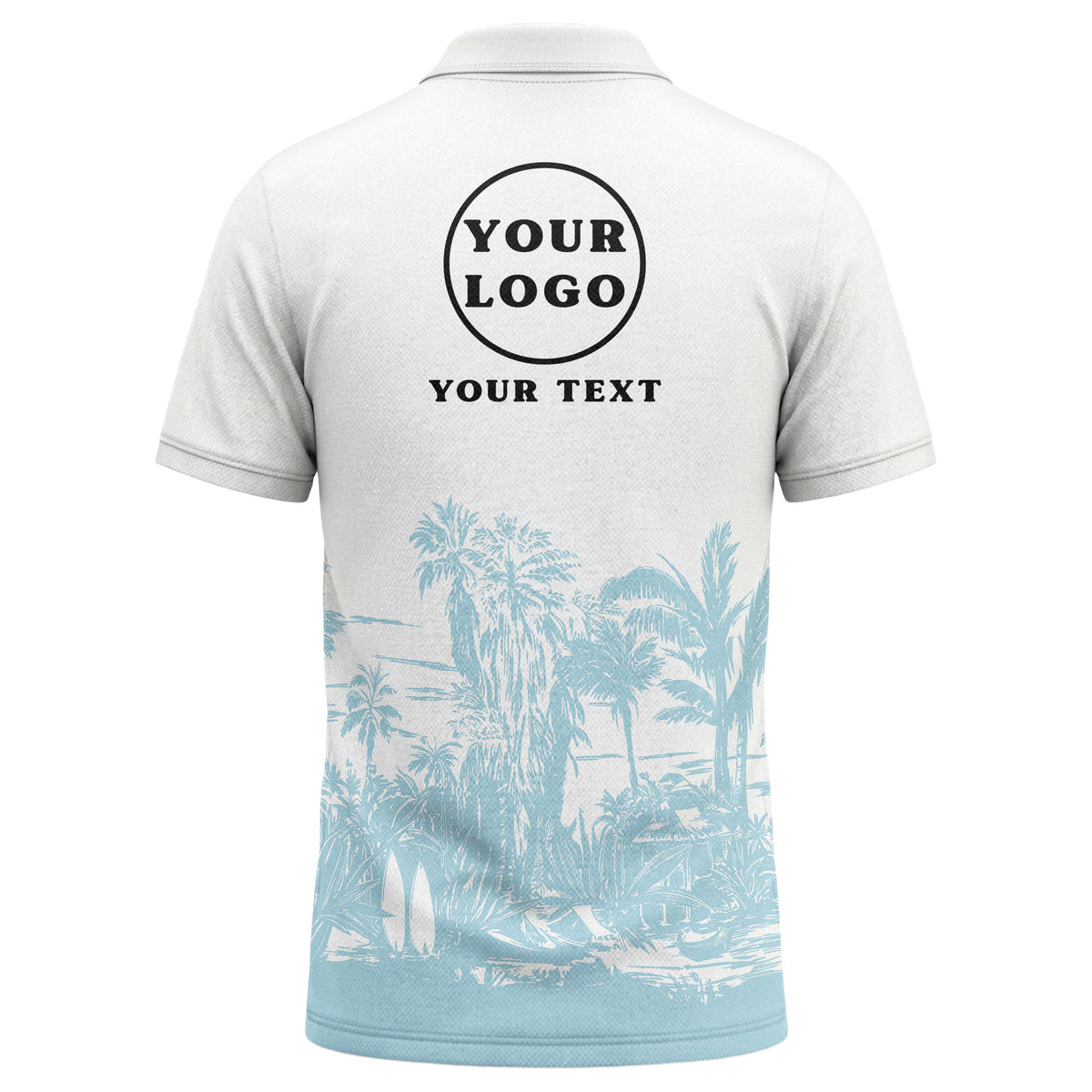 Custom Tropical Polo Shirt – White & Black Palm Tree Beach Pattern Personalized Logo Polo
