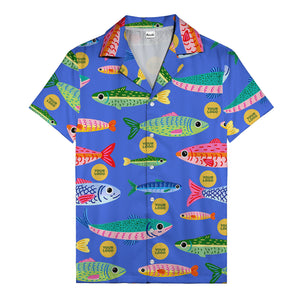 colorful cartoon fish & gold circle logo hawaiian shirt for men