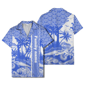cruise ship & palm trees fish waves aloha hawaiian shirt