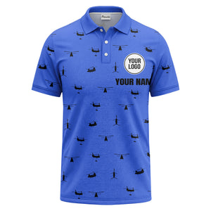 helicopter silhouette repeat pattern custom logo men's aviation polo shirt