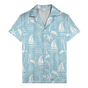 sailboats dolphins palm trees starfish repeat pattern black white hawaiian shirt